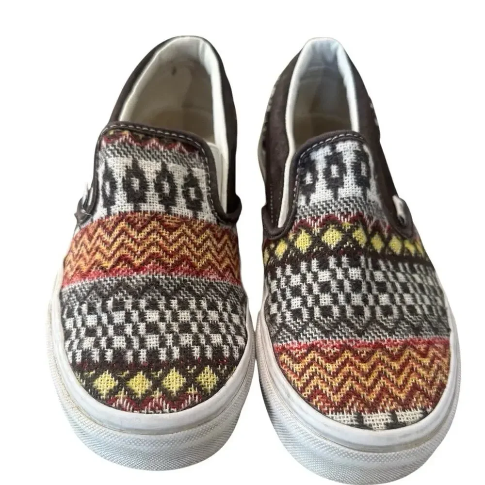 Vans Classic Slip On Fair Isle Brown Woven Textile Sneakers Size 3.5